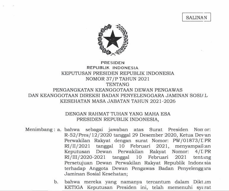 Pengumuman Panitia Seleksi Dewan Pengawas dan Dewan Direksi BPJS Kesehatan